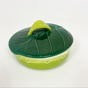 Vintage Serving Dish Ceramic MCM Avacado & Dark Green Leaf Lid